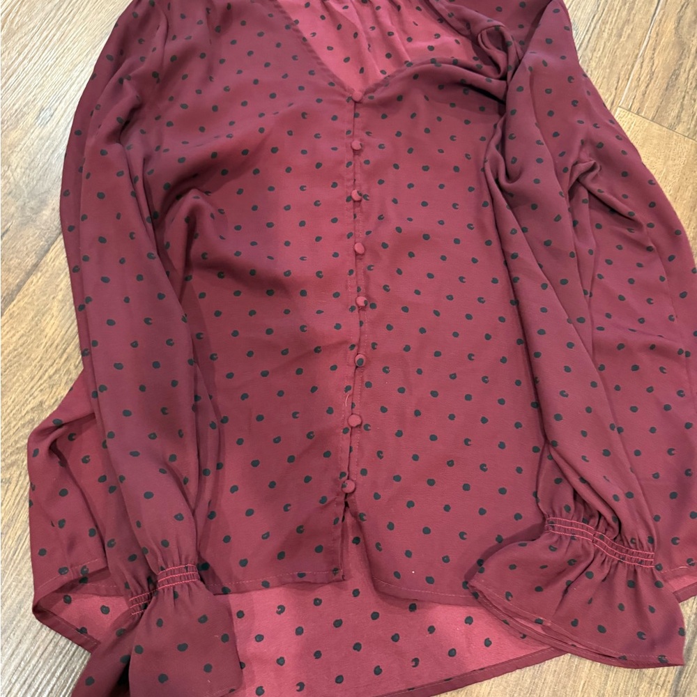 Maurices Burgundy Blouse with Black Dots